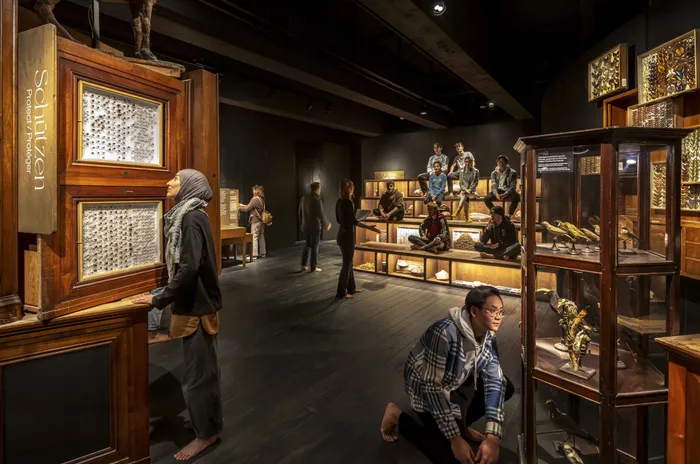 Overview picture of a space filled with showcases: some are stacked orderly, others seem to have fallen over. Life is preserved and escaping from this human-created order. Multiple people look intently at the different the showcases.